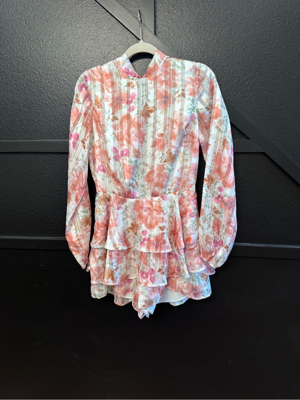 Vici Peach Floral Long-Sleeve Tiered Mini Dress